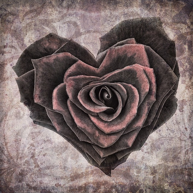 黒く乾いた薔薇がハートを模り心の渇きを表す画像