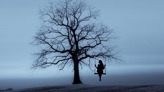 枯れた木のブランコに一人寂し気に乗る女性のシルエット